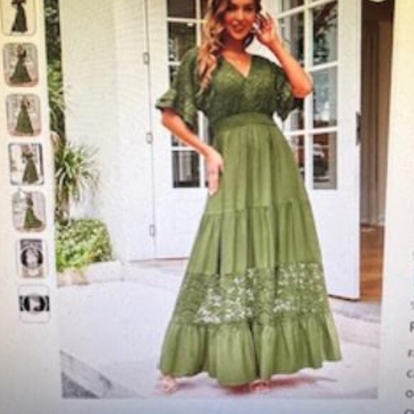 Simplee V Neck Formal Lace Maxi Dress Ruffle Flowy Short Sleeve Boho Green NWT S - Picture 6 of 8